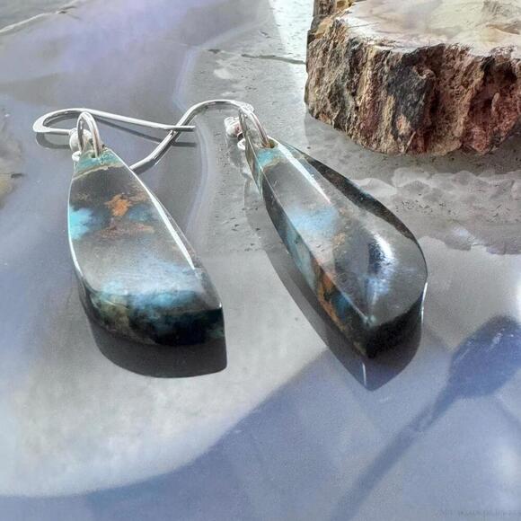 Sterling Elongated Triangle Chrysocolla Slab Dangle Earrings For Women #229 - Picture 3 of 10